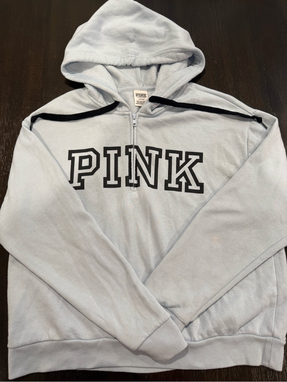 PINK Victoria's Secret Light Blue Hoodie with Black Lettering